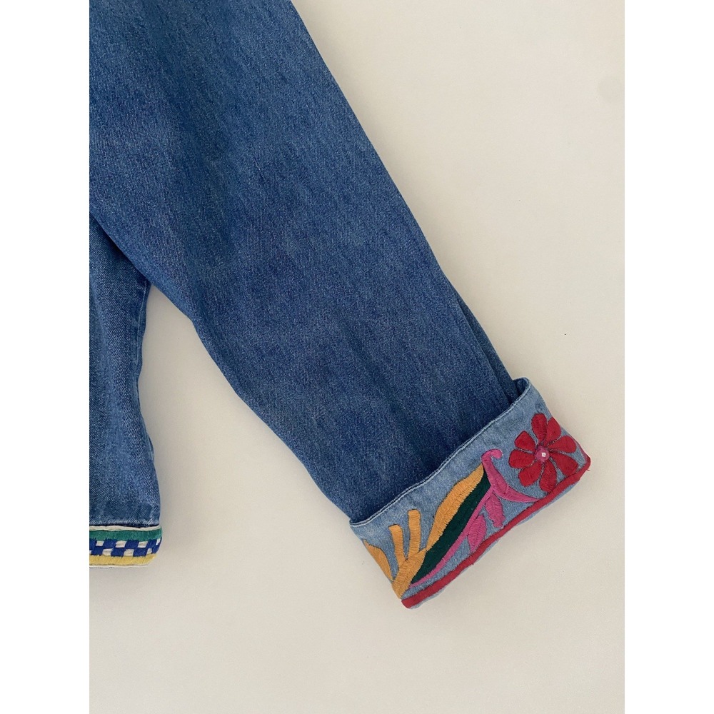 Chicos Denim Jacket Sz 1‎ Embellished Embroidered Birds & Floral Buffalo Button - Picture 8 of 16
